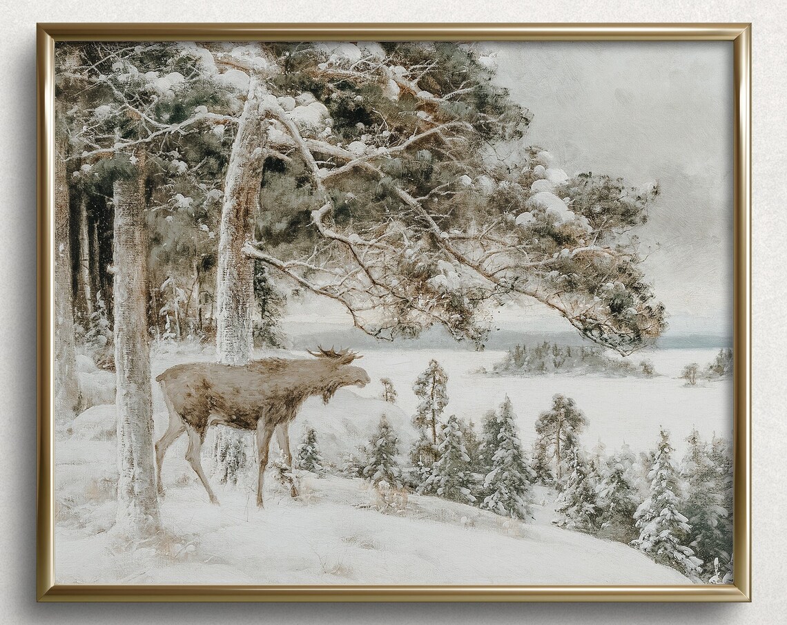 Winter Moose In Snowy Forest Frozen Lake Vintage Wildlife Art Poster
