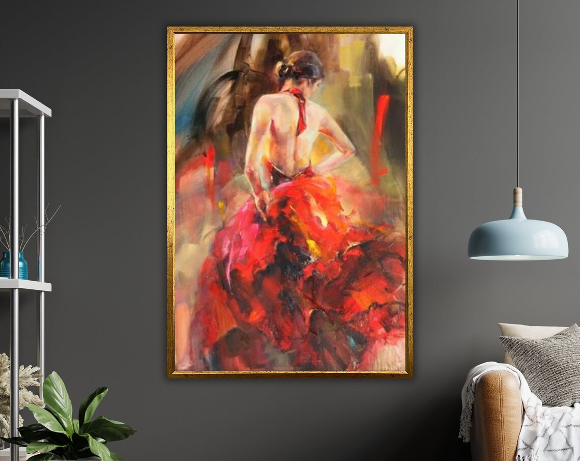 Spanish Flamenco Dancer Red Ruffled Dress Back View Oil Art Poster