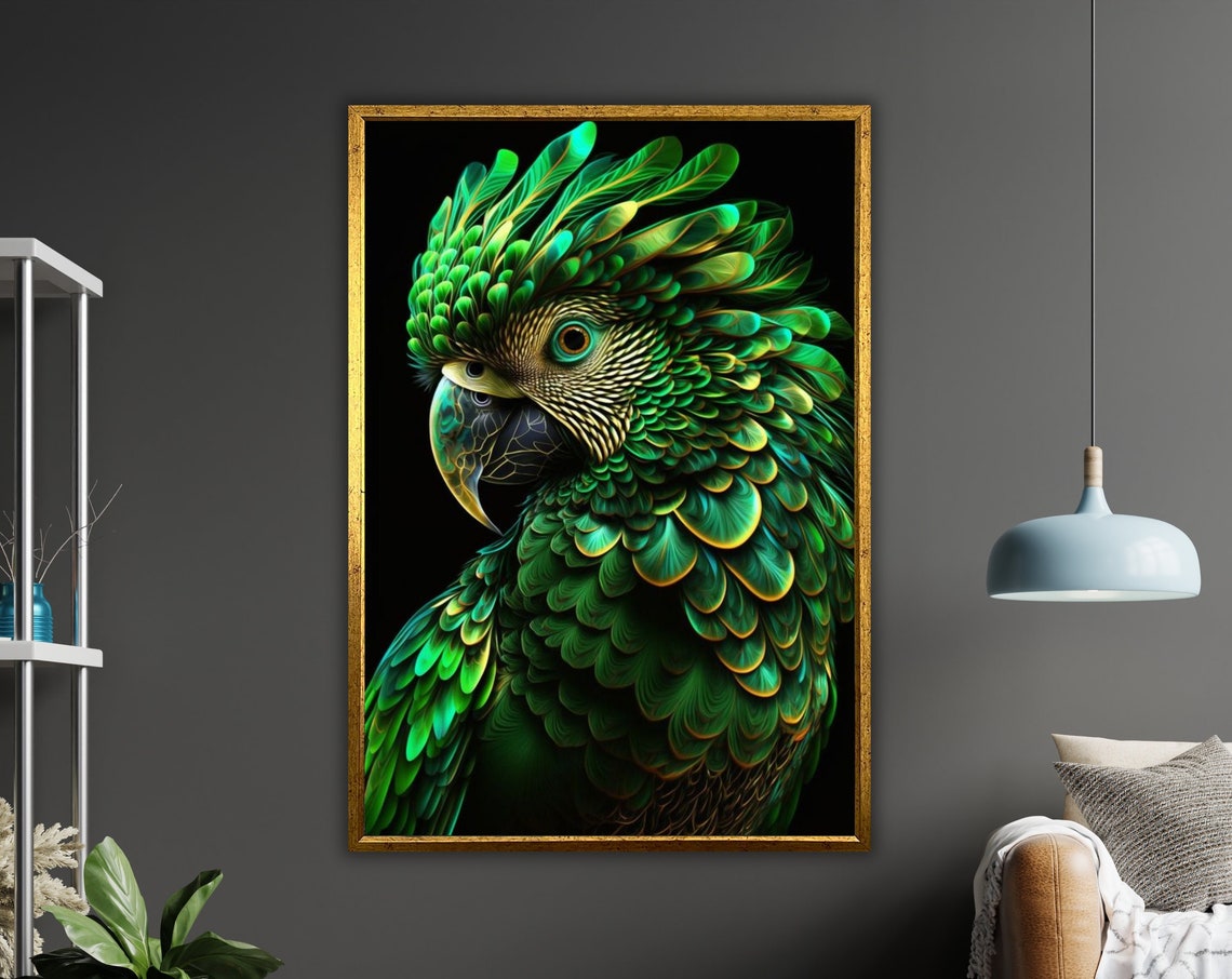 Vibrant Green Parrot Portrait Black Background Feather Art Poster