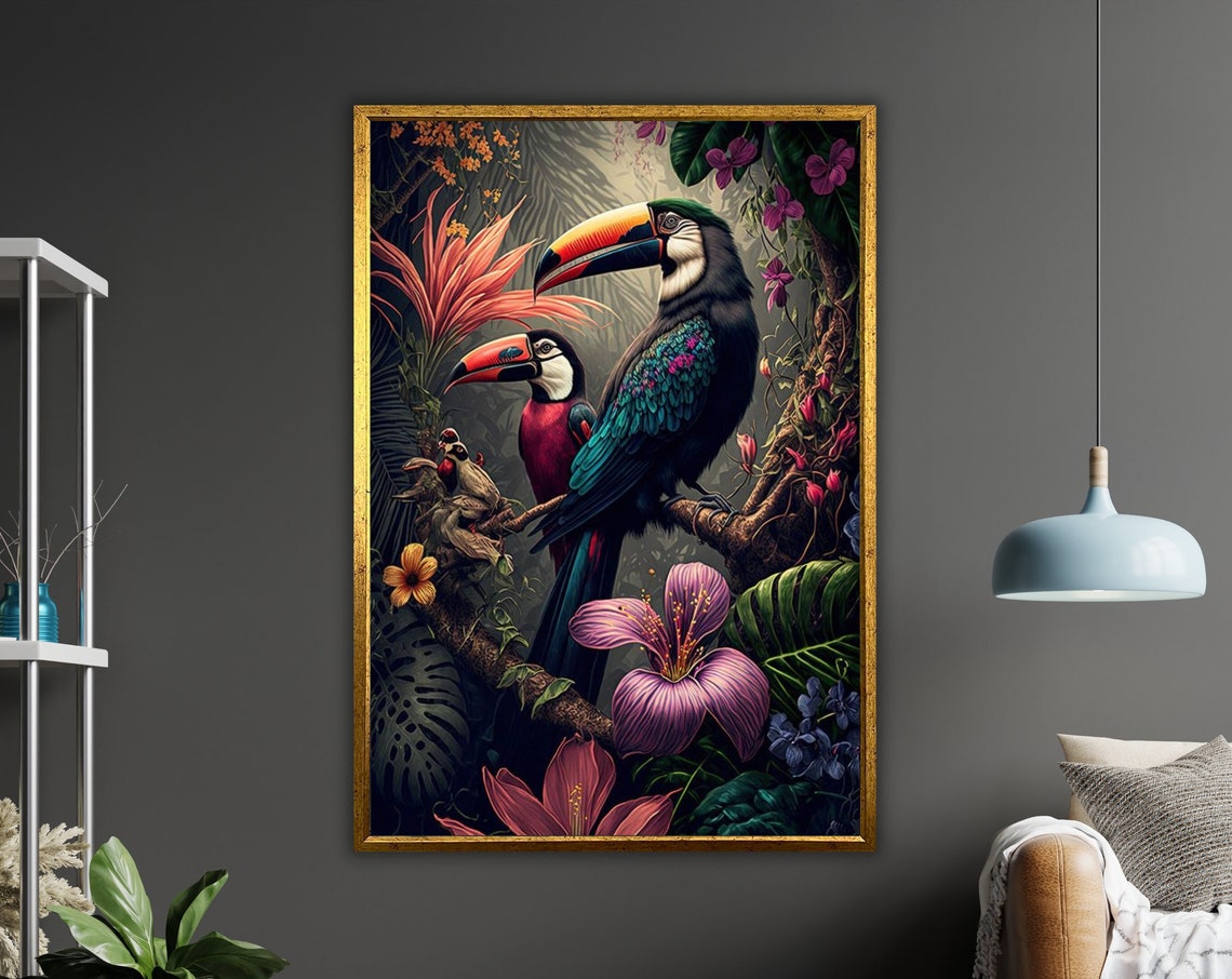 Two Toucans In Lush Tropical Jungle With Flowers Wildlife Art Poster