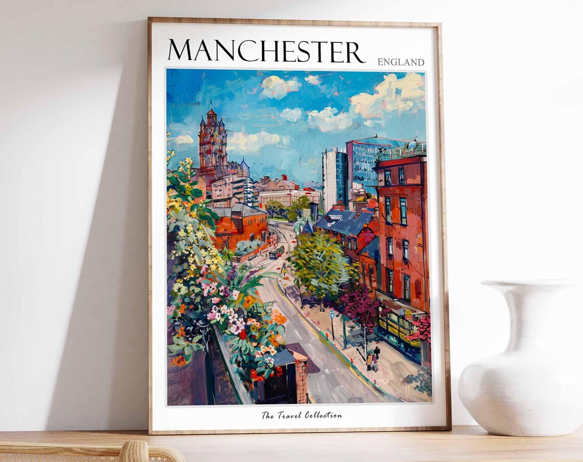 Manchester England City Street Historic Clock Tower Tram Poster