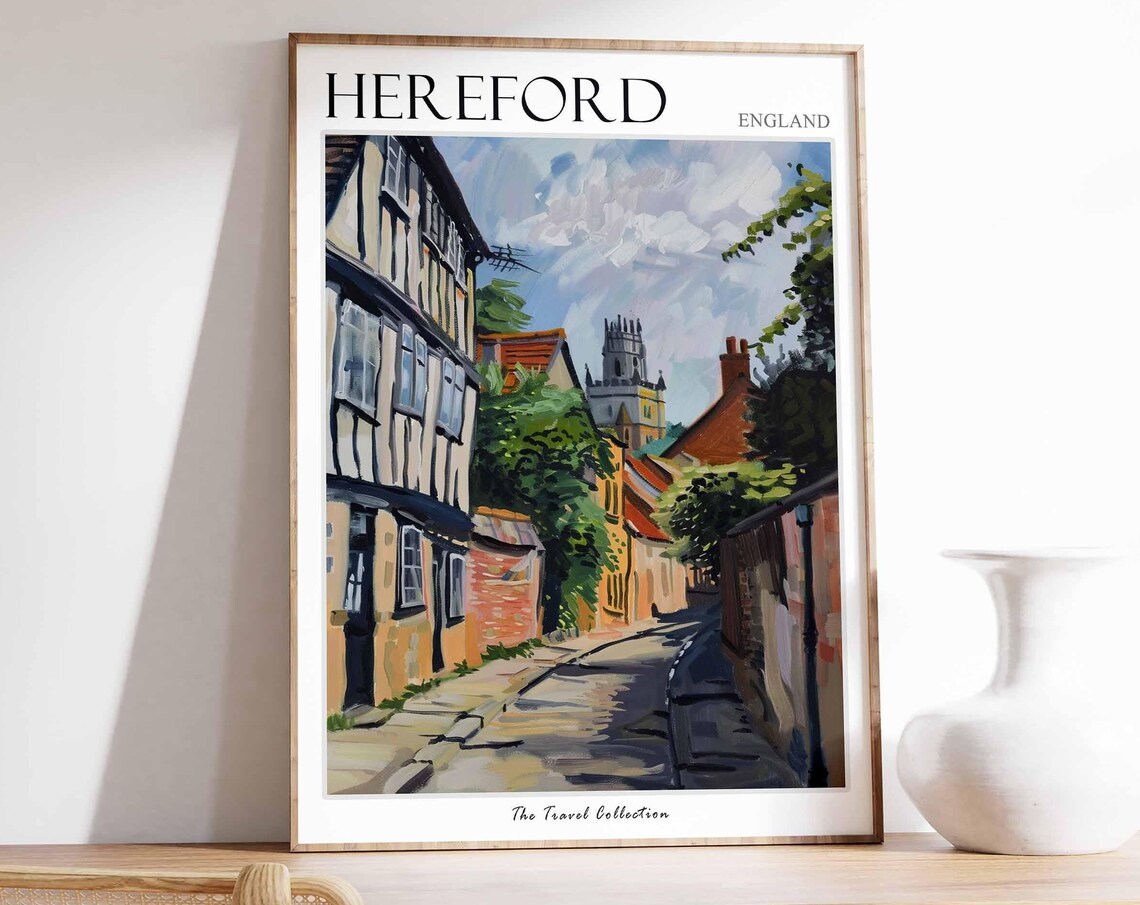 Hereford England Travel Poster Old Timbered Street and Tower View