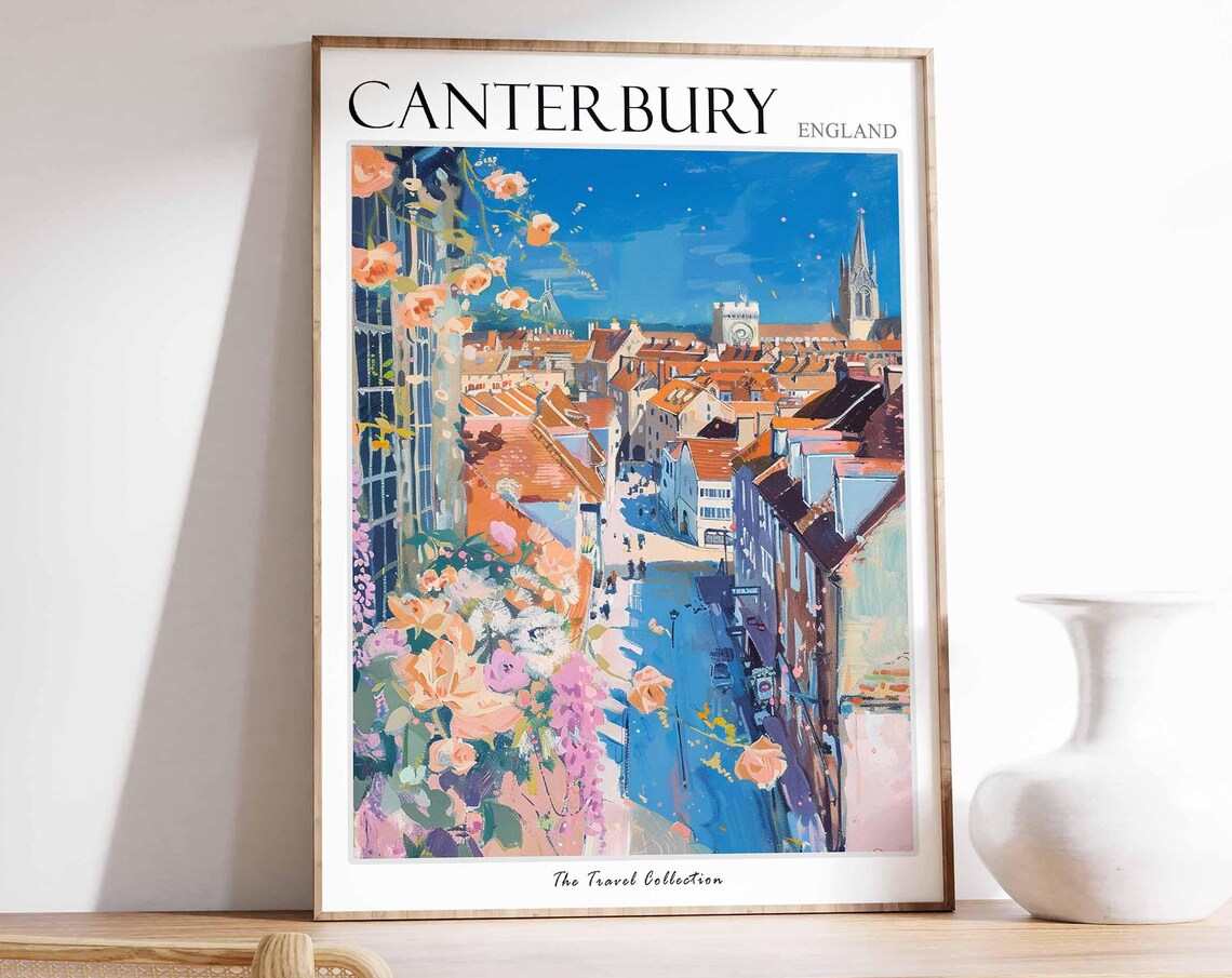 Canterbury England Cathedral Rooftops Street Flowers Travel Poster