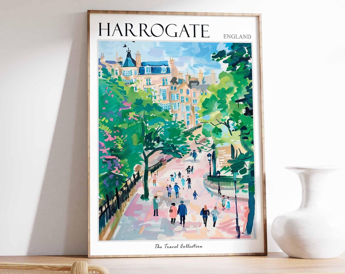 Harrogate England Travel Poster Park Walkway People and Trees View