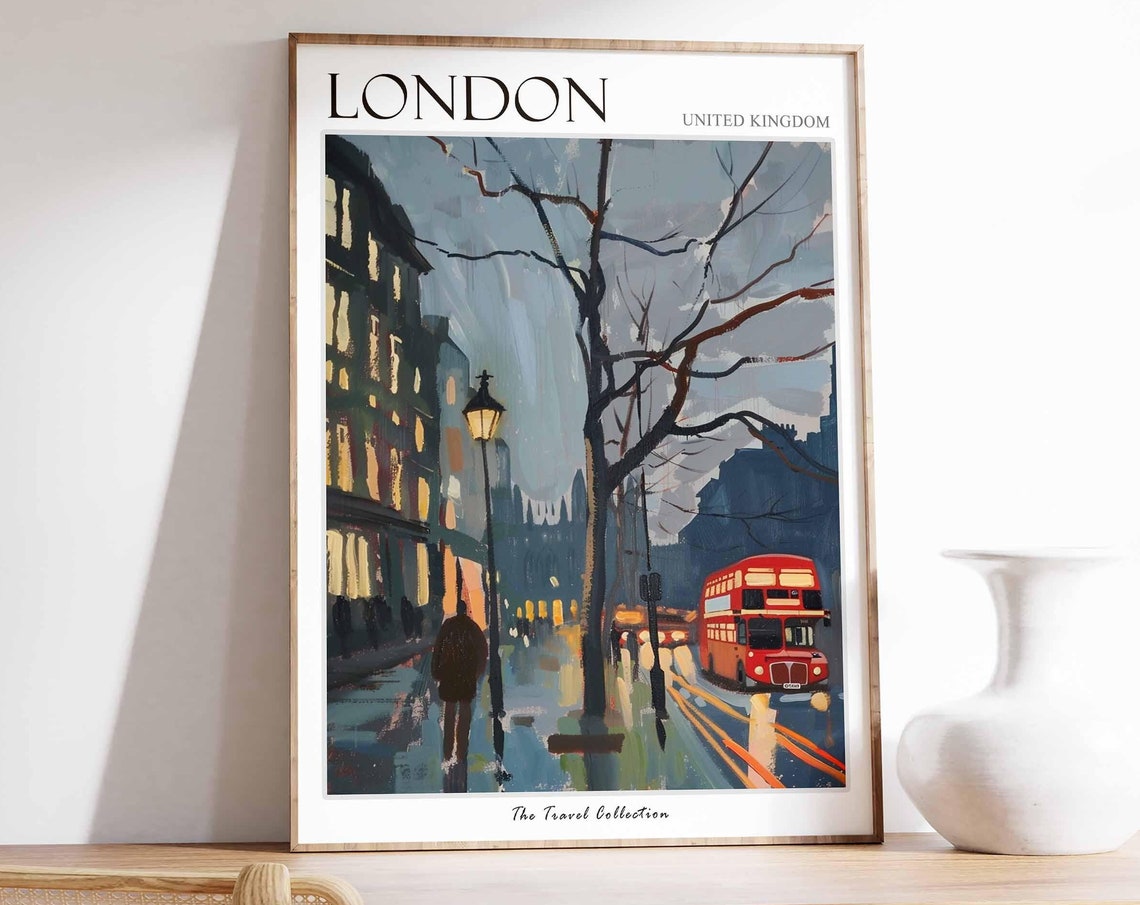 London Rainy Street Red Bus Impressionist Art Travel Collection Poster