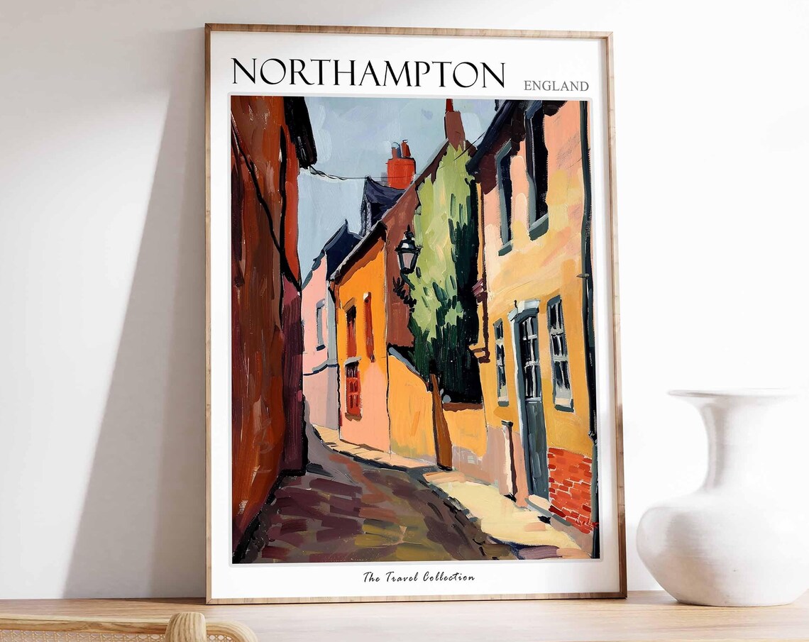 Northampton England Old Cobbled Street Colorful Houses Travel Poster