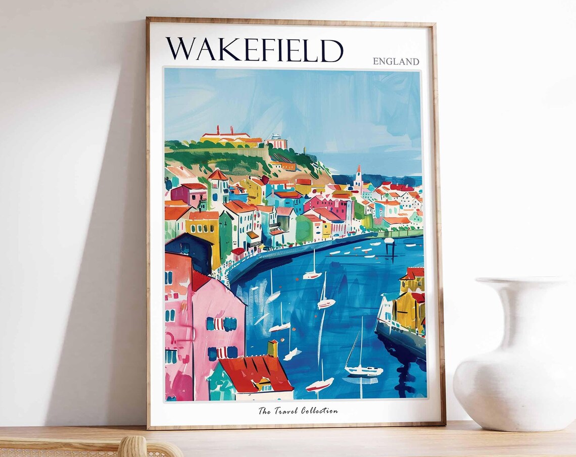 Wakefield England Colorful Harbor Sailboats Seaside Art Travel Poster
