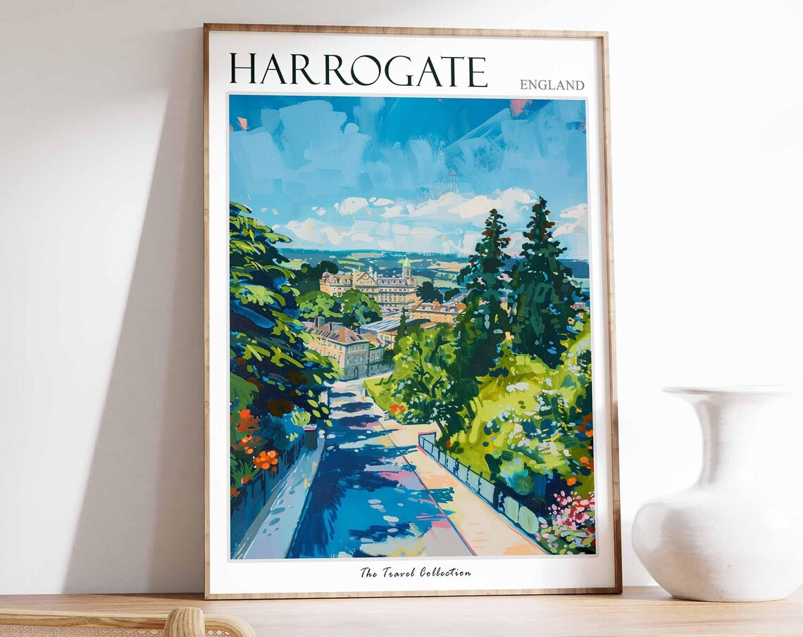 Harrogate England Travel Poster Leafy Street Town View Scene Art