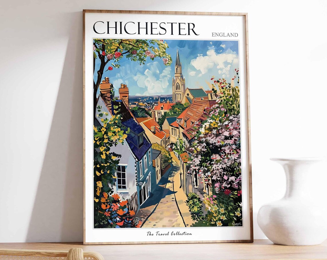 Chichester England Village Street Church Flowers Art Travel Poster