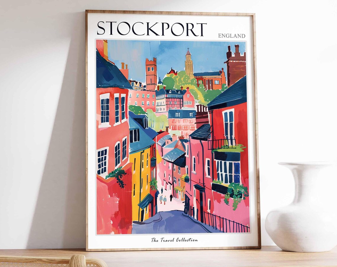 Stockport England Colorful Street Illustration Travel Poster