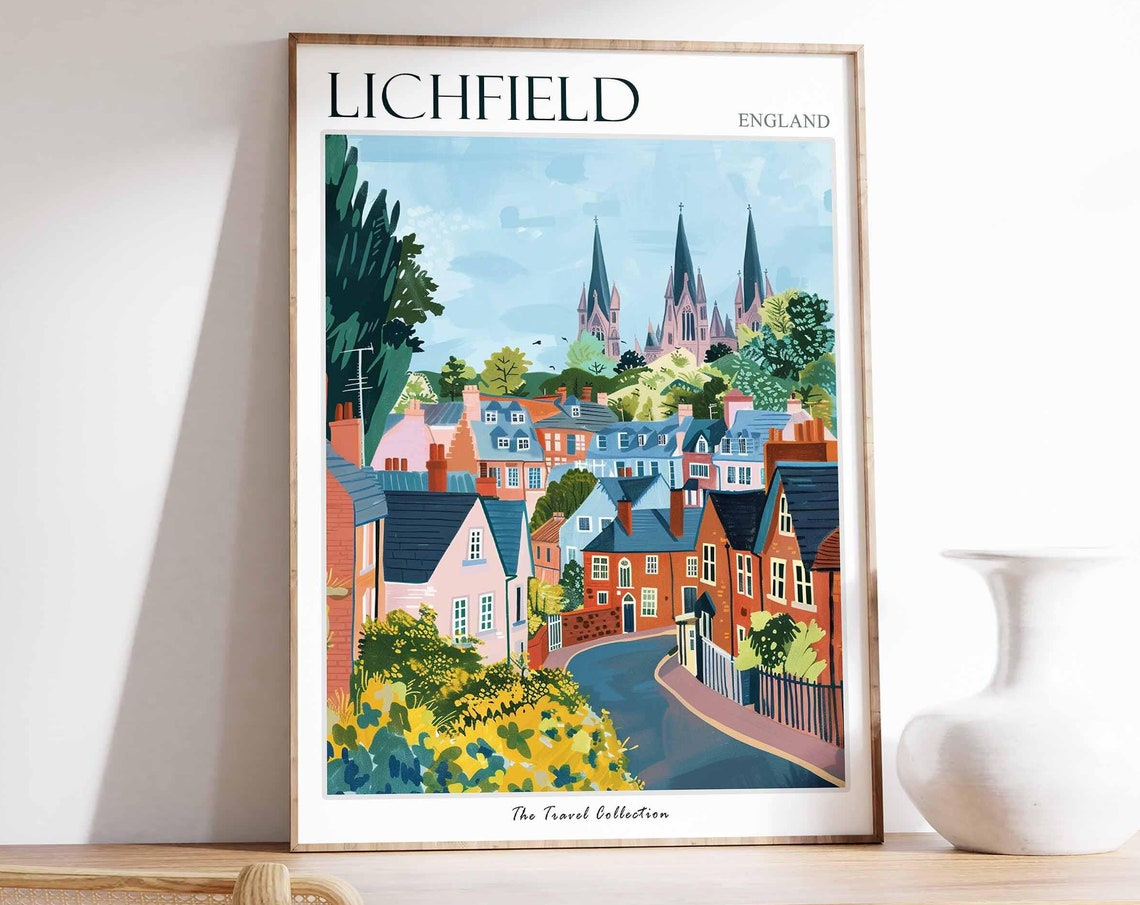 Lichfield England Three Spired Cathedral Town Summer Art Travel Poster