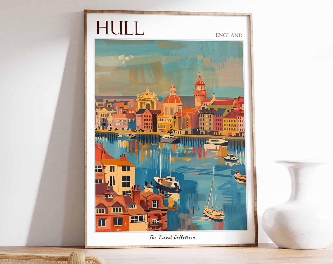 Hull England Waterfront Marina Sailboats Sunset Vintage Travel Poster