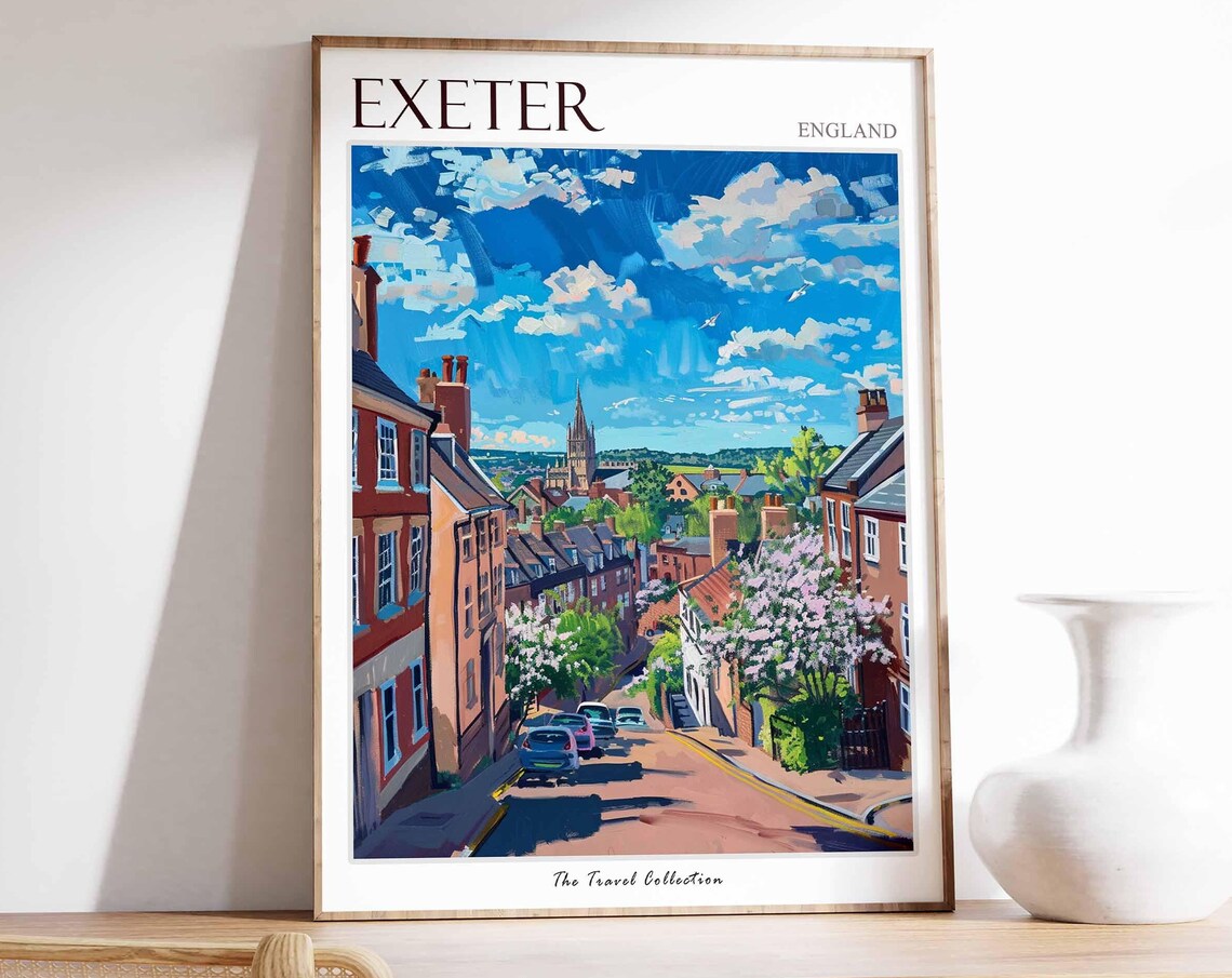 Exeter England Hilly Old Street Church Spire Spring Blossom Poster