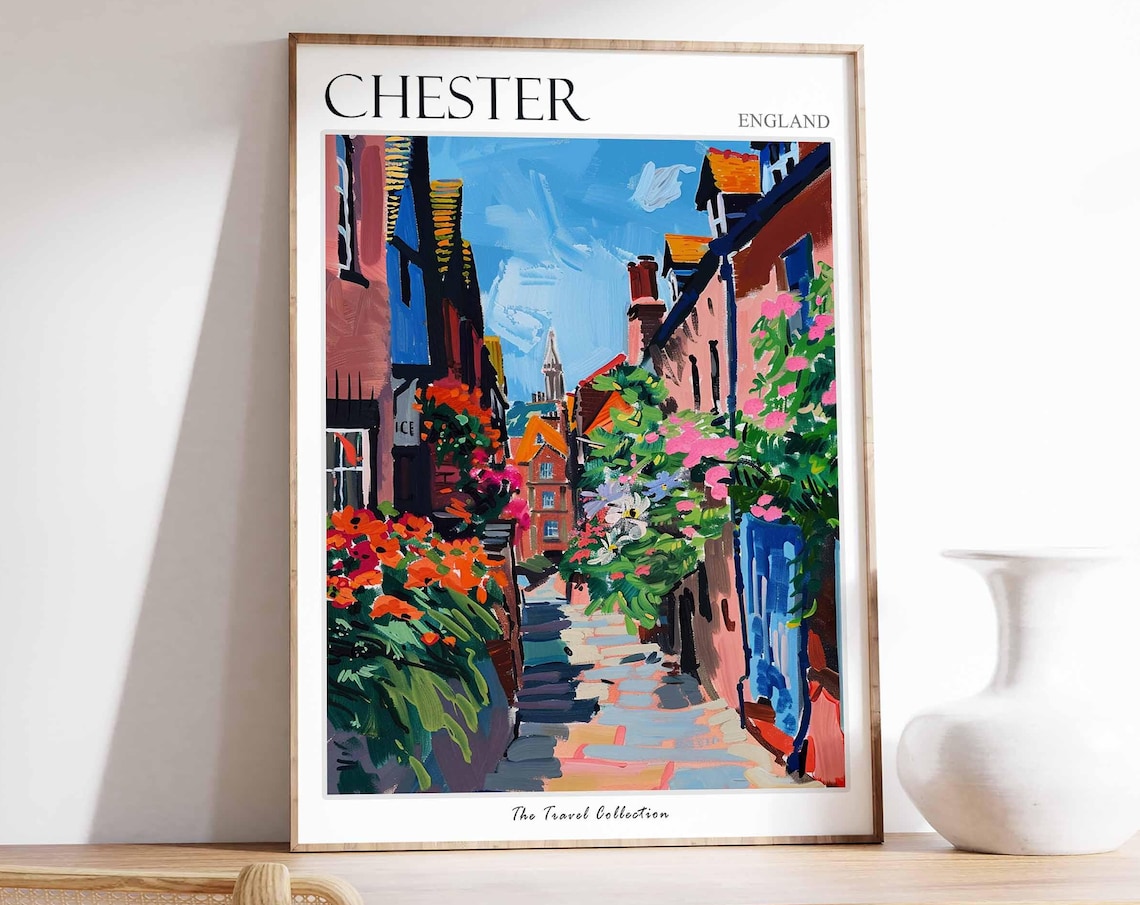 Chester England Blooming Flower Street Church Tower Art Poster
