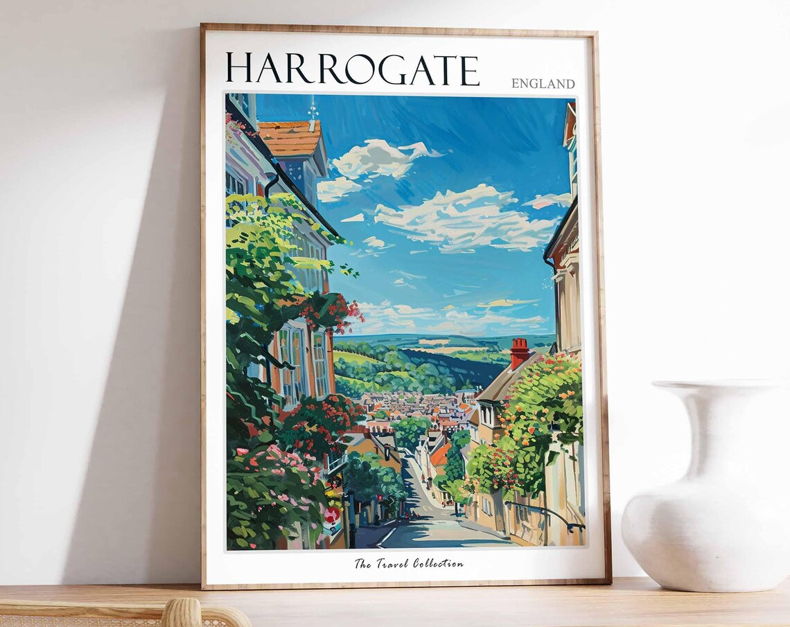 Harrogate England Hillside Street Summer Bloom Vintage Travel Poster