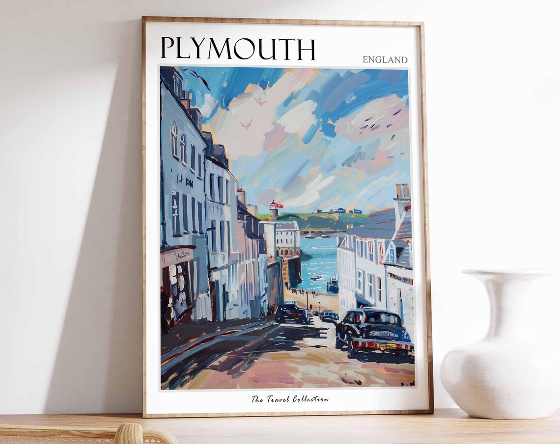 Plymouth England Steep Street Harbor Classic Car Travel Poster