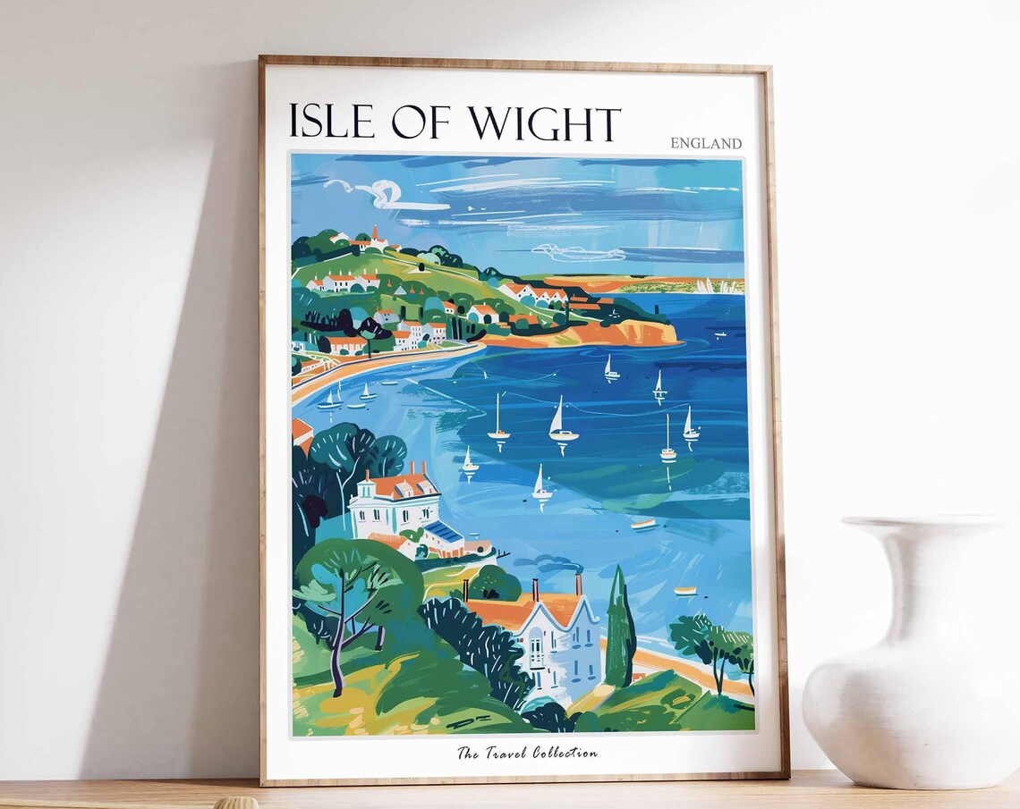 Isle of Wight England Sailboat Bay Coastal Cottages Scene Poster