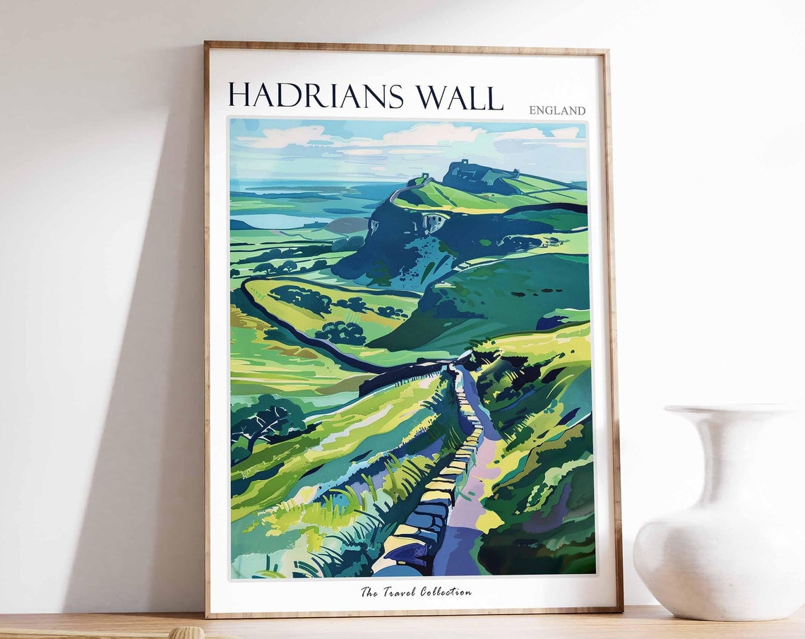 Hadrians Wall England Green Hills Travel Poster Stone Wall Path Art