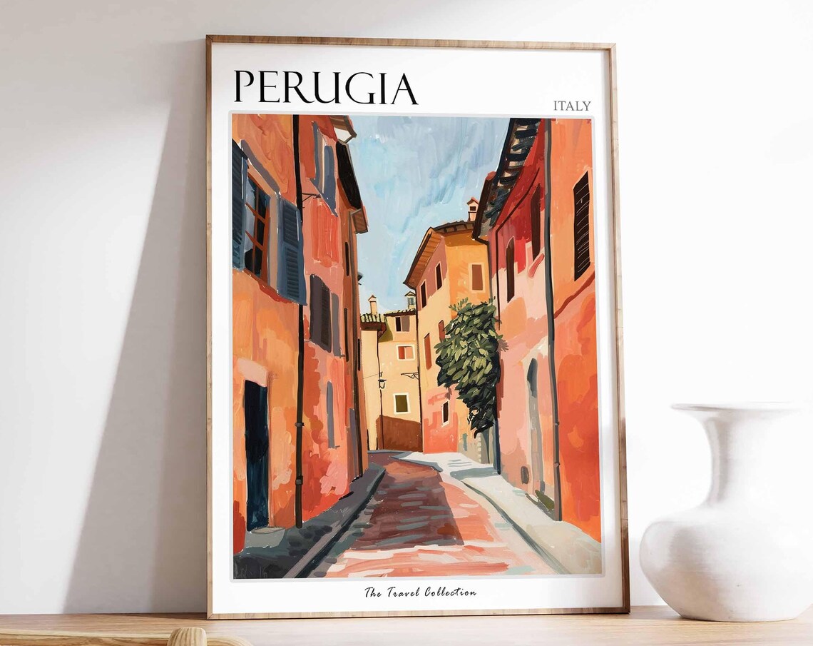 Perugia Italy Narrow Old Street Warm Buildings Painted Poster