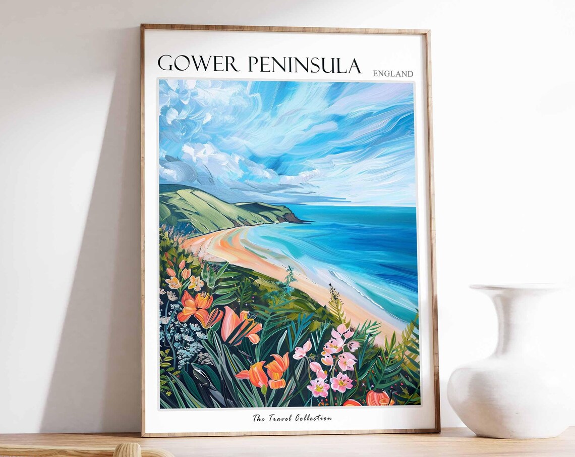Gower Peninsula Sandy Beach Travel Poster Green Headland Bay Art