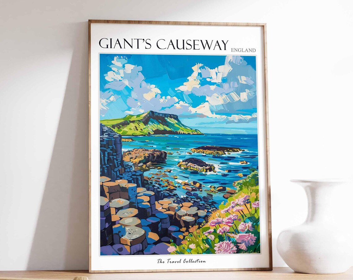 Giants Causeway Basalt Shore Pink Blooms Green Cliffs Art Poster