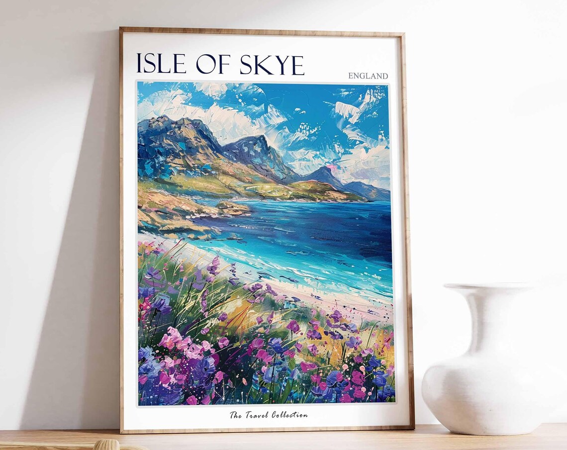 Isle of Skye Beach Wildflowers Travel Poster Mountains Shore Art