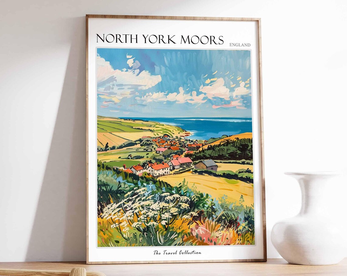 North York Moors England Coastal Village Sea Meadow Scene Poster