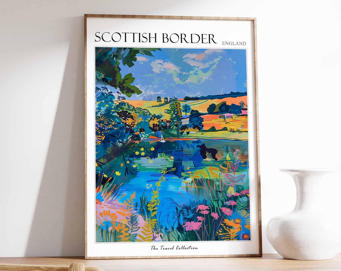 Scottish Borders Woodland Lake Countryside Painting Travel Poster
