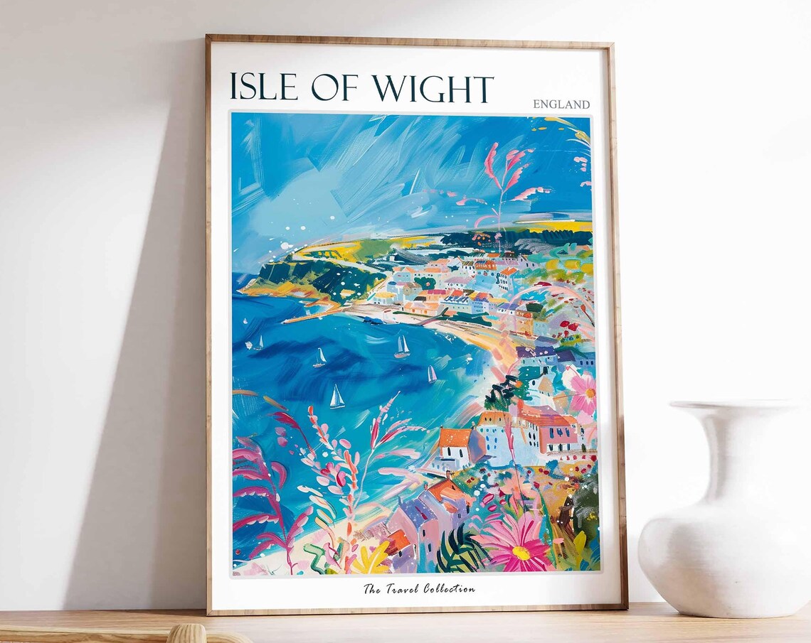 Isle of Wight England Pastel Harbor Town Bay Pink Flowers Poster