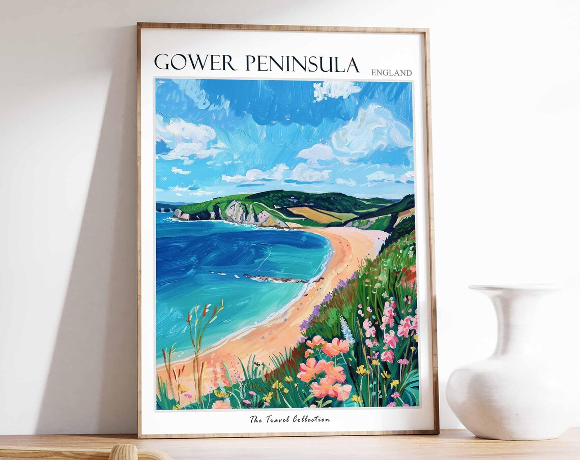 Gower Peninsula Sweeping Beach Travel Poster Turquoise Sea Coast Art