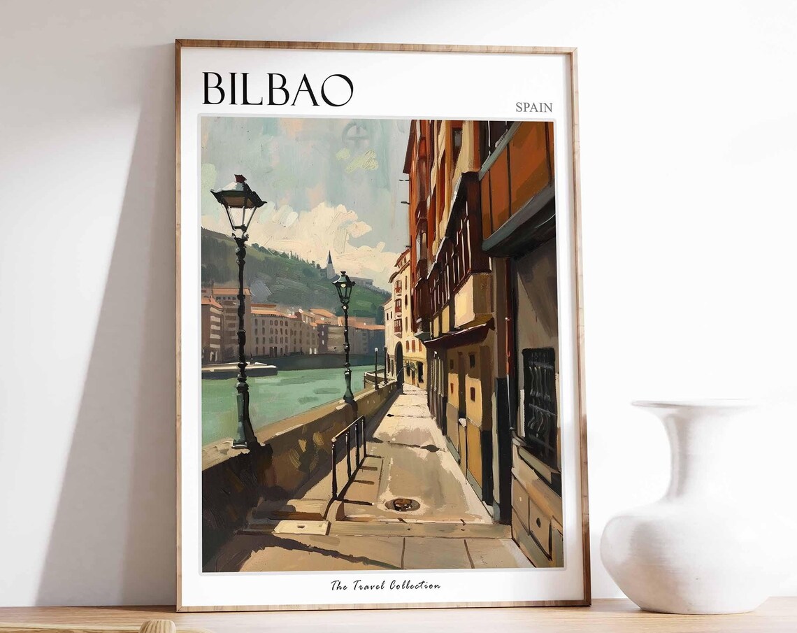 Bilbao Spain Riverside Promenade Vintage Lamps Painted Travel Poster