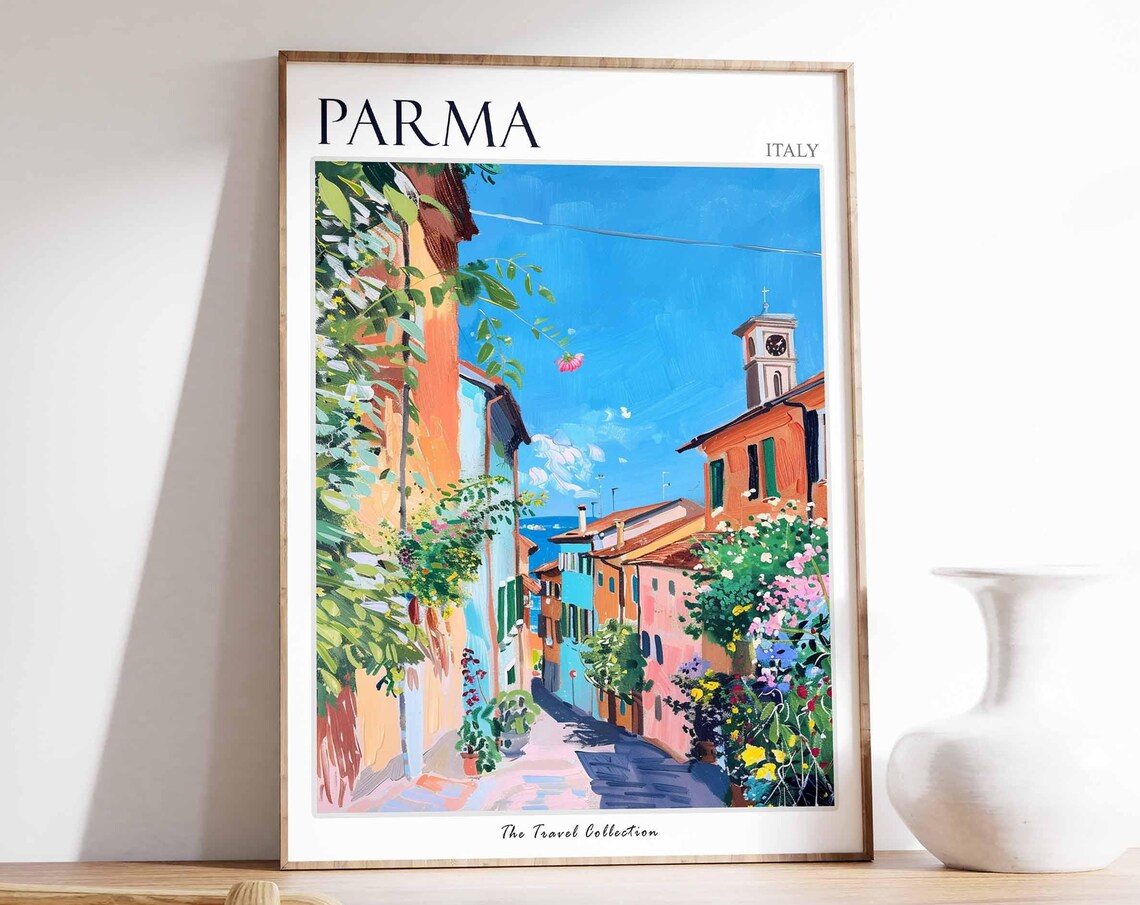 Parma Italy Charming Flower Lined Old Street Clock Tower Poster