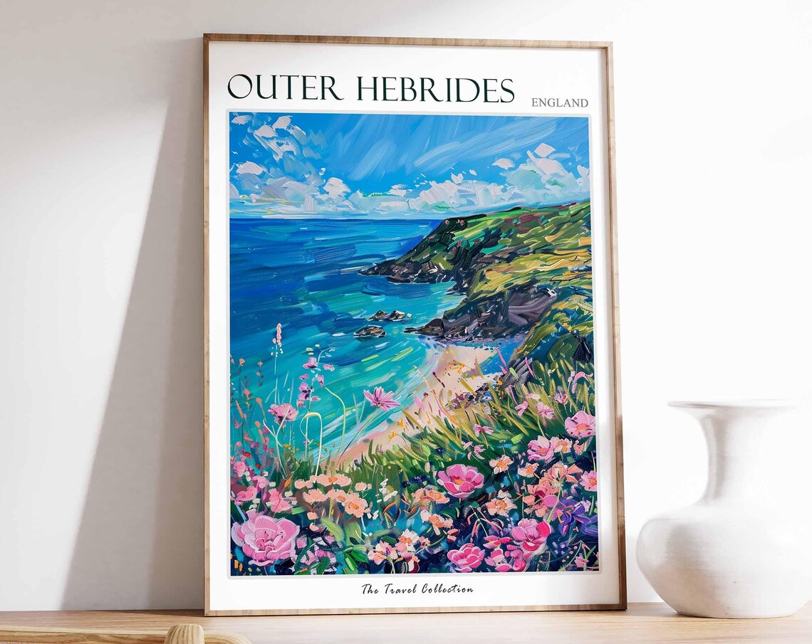 Outer Hebrides Rocky Headland Pink Wildflower Scene Travel Poster