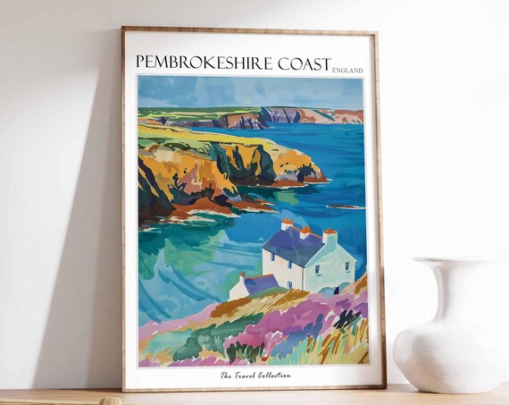 Pembrokeshire Coast Cottage Heather Cliffs Turquoise Sea Poster