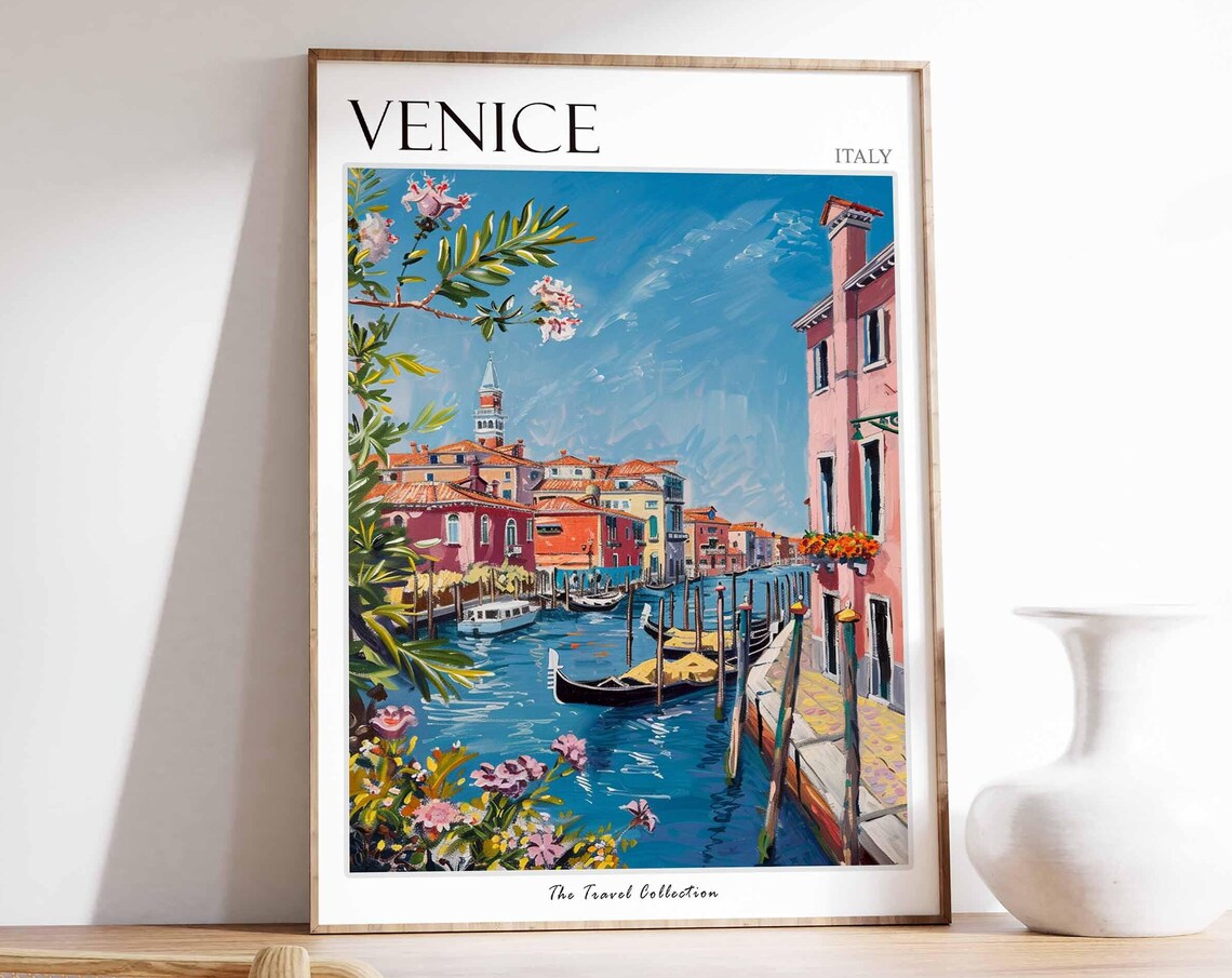 Venice Italy Grand Canal Gondolas Colorful Palaces Travel Poster