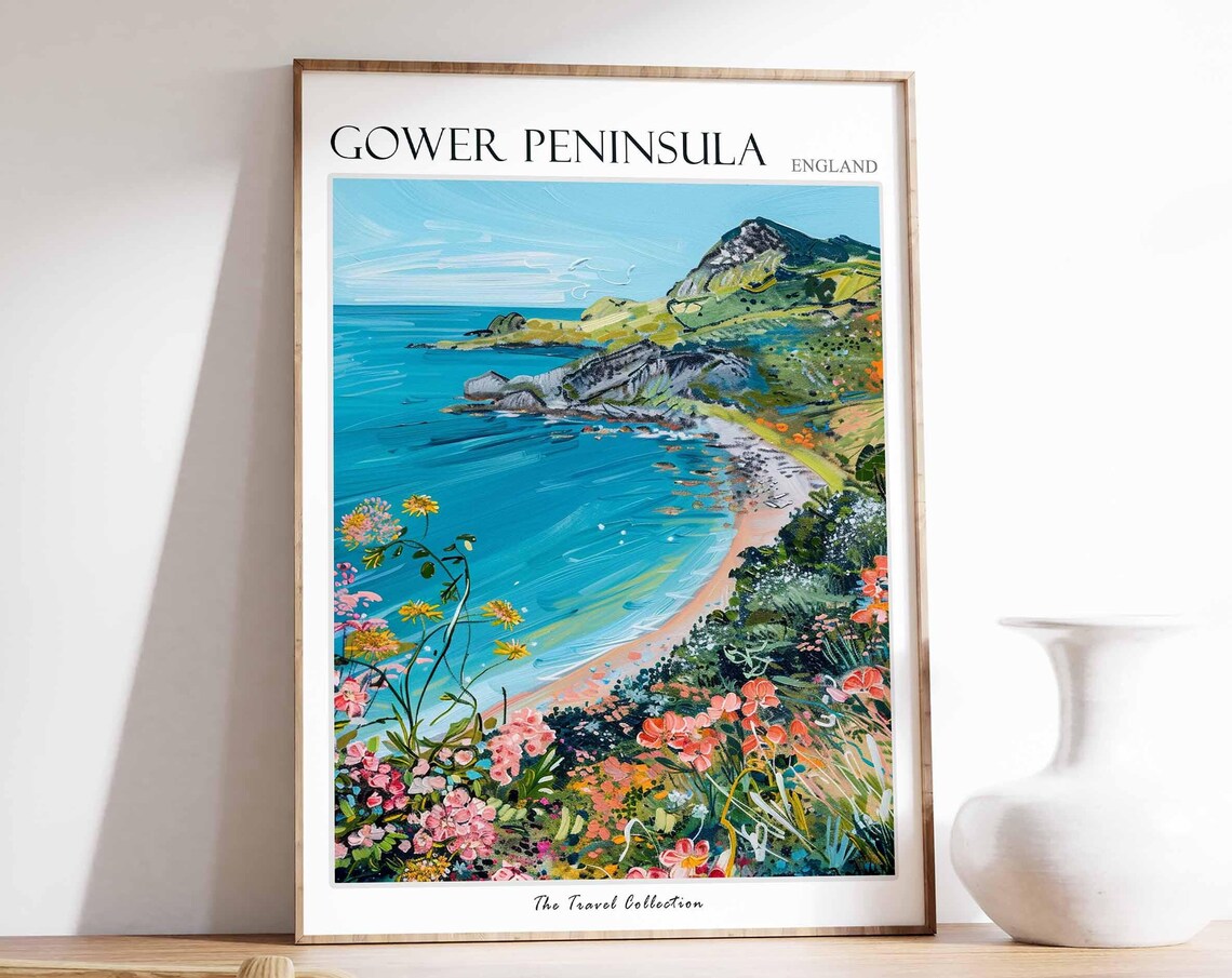Gower Peninsula Turquoise Bay Travel Poster Rocky Headland Beach Art
