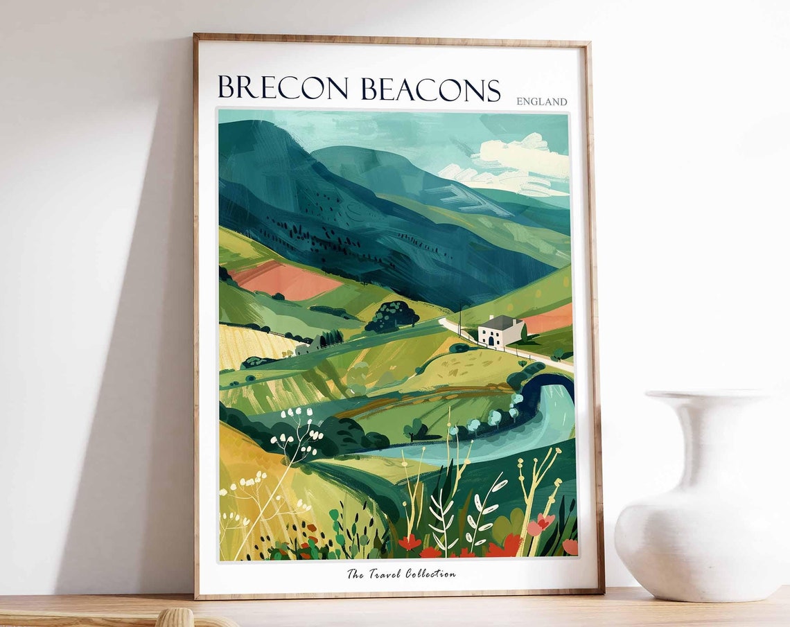 Brecon Beacons Green Valley River Farmhouse Watercolor Poster