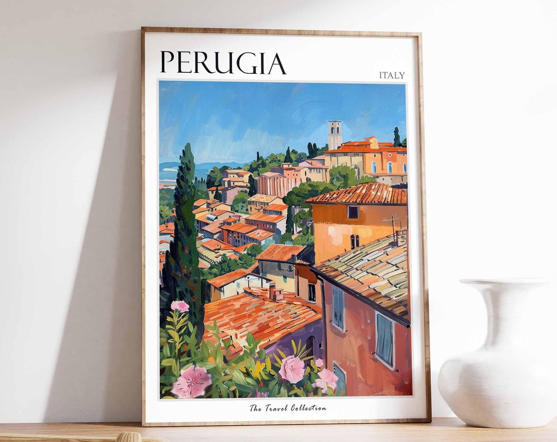 Perugia Italy Terracotta Rooftops Cypress Hilltop Town Poster
