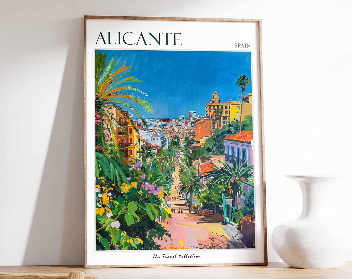 Alicante Spain Palm Lined Hillside Street Colorful Art Poster