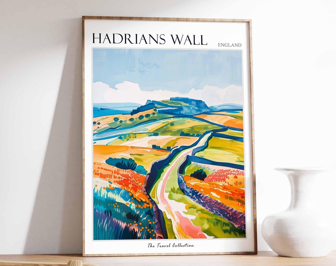 Hadrians Wall England Patchwork Fields Travel Poster Countryside View