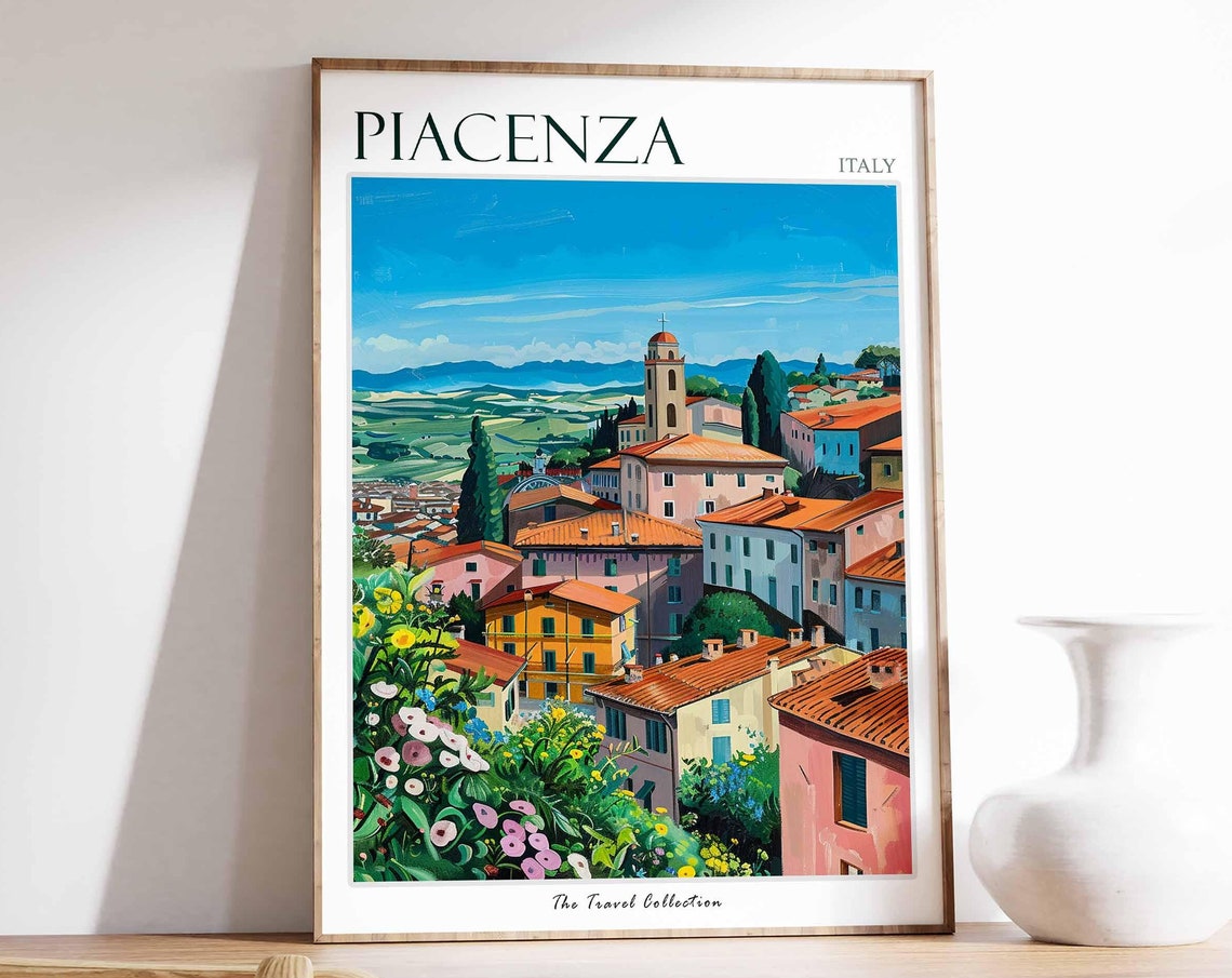 Piacenza Italy Old Town Rooftops and Rolling Hills Scenic View Poster