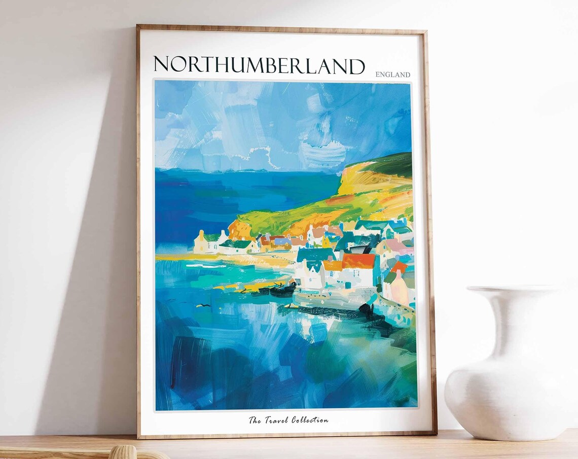 Northumberland England Harbor Village Cliffs Blue Sea Poster