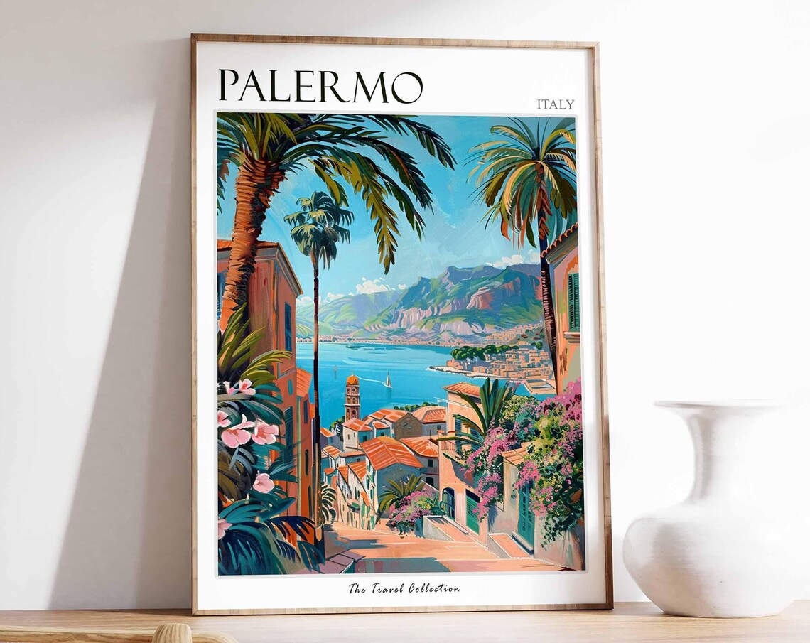 Palermo Italy Travel Poster Palm Tree Seaside Town View Art Collection