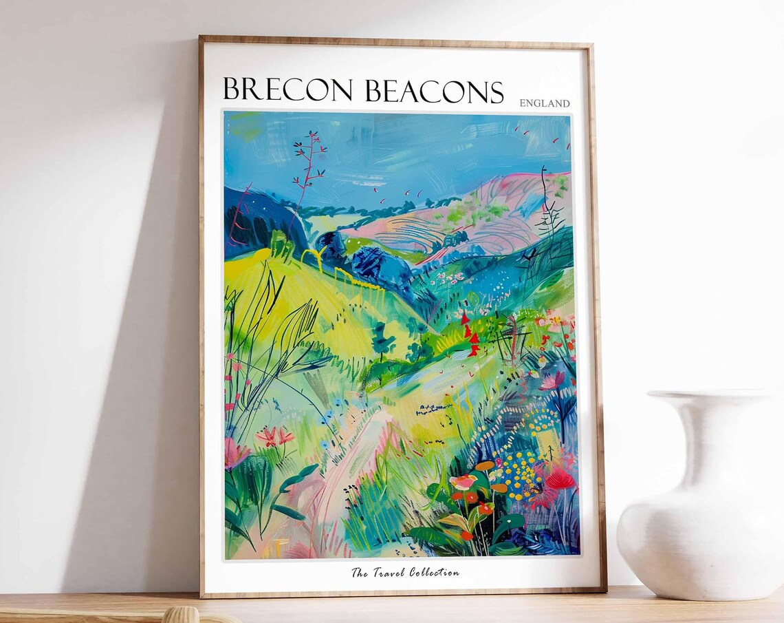 Brecon Beacons Hillside Wildflower Trail Watercolor Travel Poster