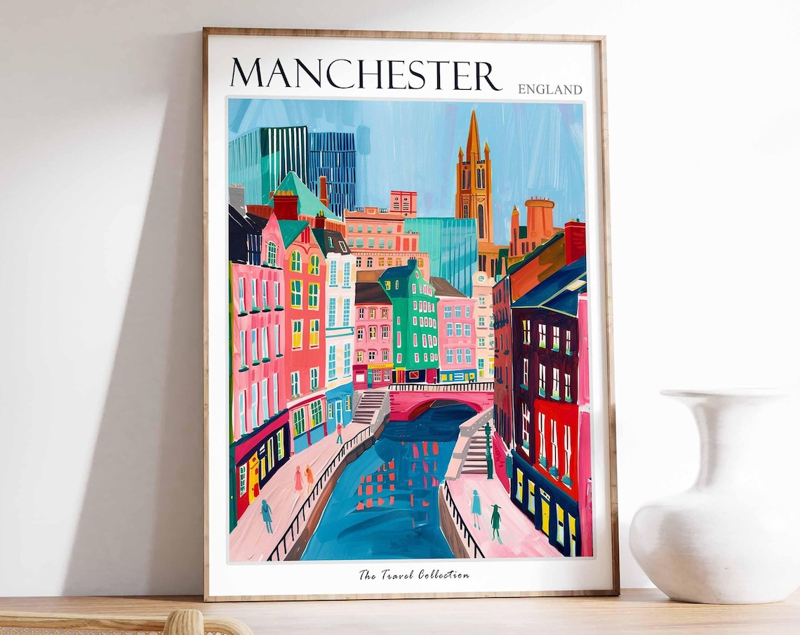Manchester England Colorful Cityscape Canal Travel Art Poster