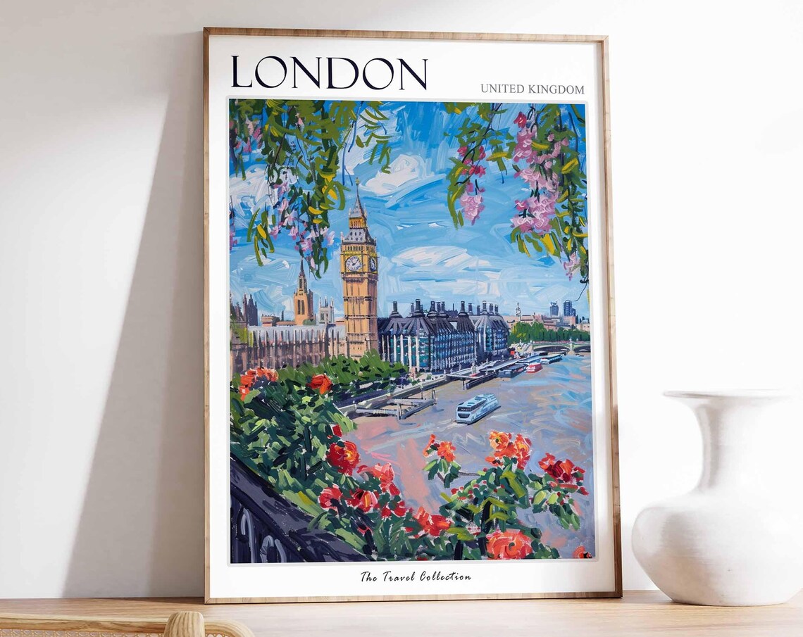 London Travel Poster, Big Ben and Tower Bridge