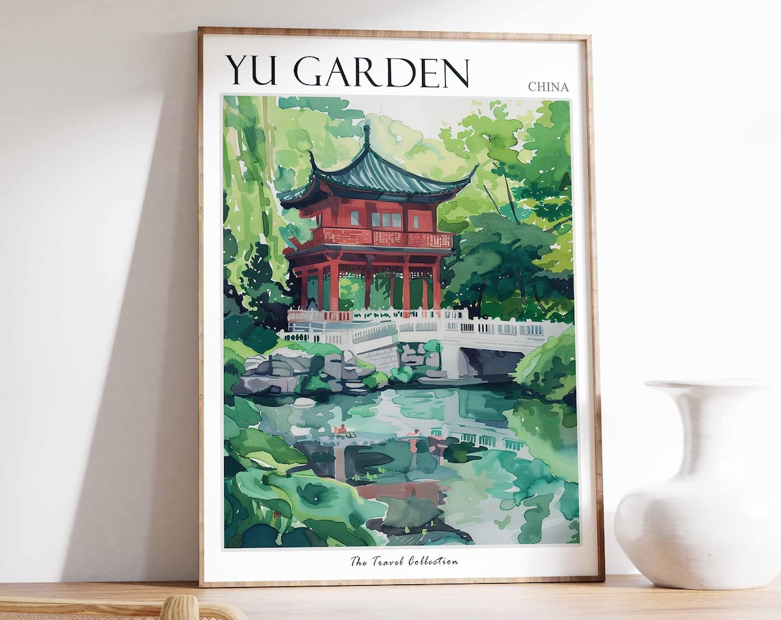Yu Garden China Red Pagoda Pavilion Pond Watercolor Travel Poster
