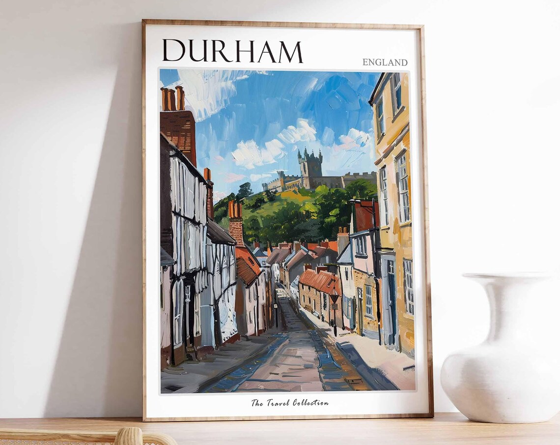 Durham England Old Street Leading to Cathedral on Hill Poster