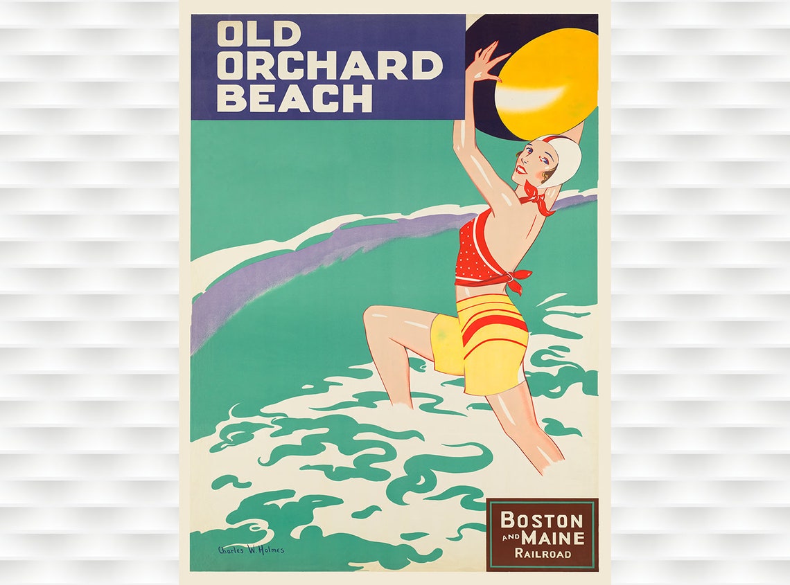 Old Orchard Beach Maine Swimmer Boston Railroad Vintage Poster