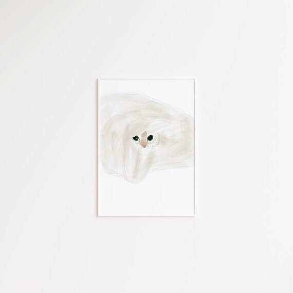 Cute White Cat with Green Eyes Peeking from a Blanket Poster